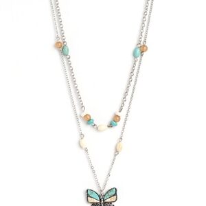 Silver Butterfly Pendant Necklace with Beads Free-Spirited Flutter - Blue Jewels